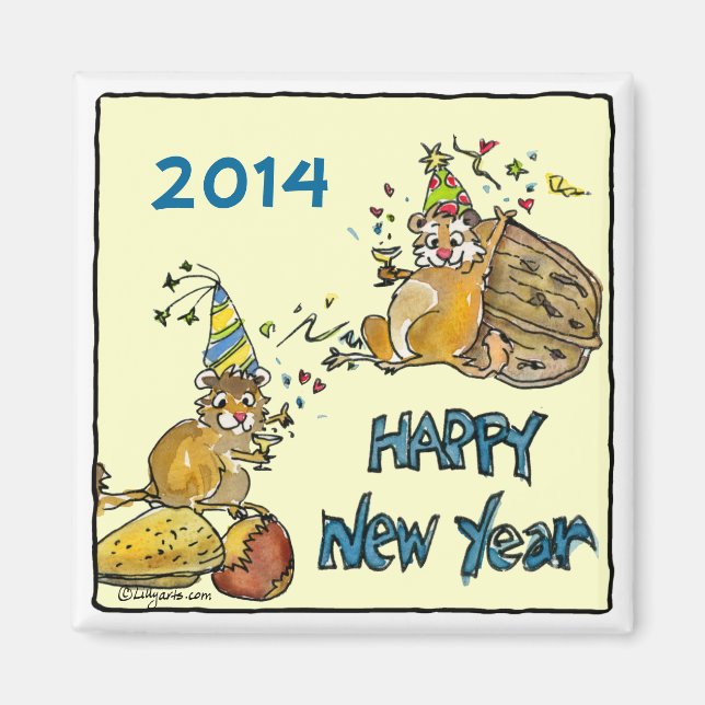 Happy New Year Chipmunks Cartoon Magnet (Vorne)