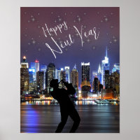 Happy New Year City Skyline Trumpet Man Stars