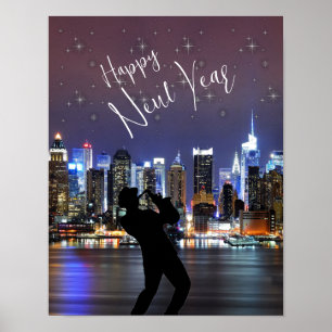 Happy New Year City Skyline Trumpet Man Stars Poster