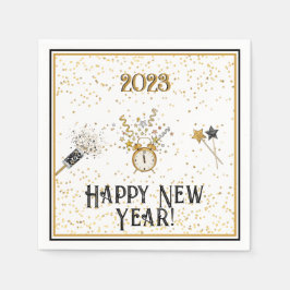 Happy New Year Clock Gold und Black Napkins Serviette