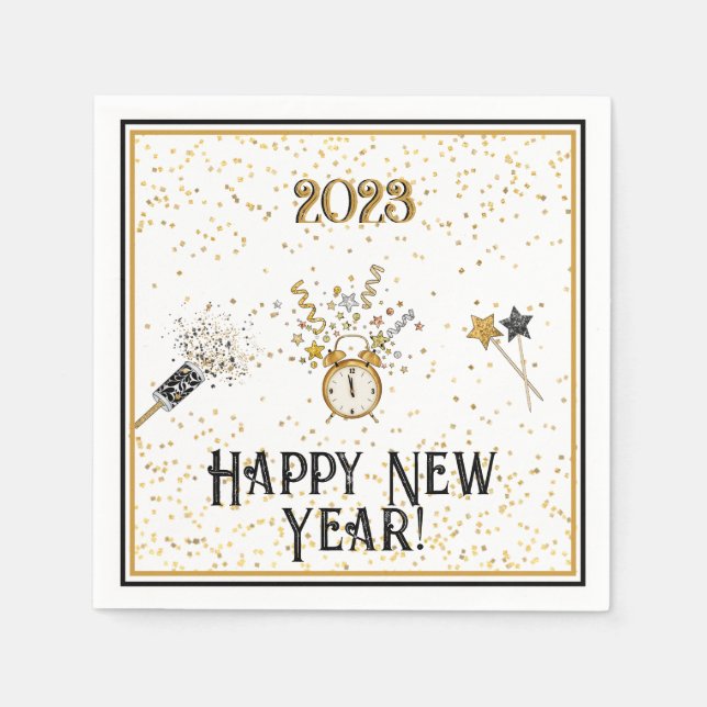 Happy New Year Clock Gold und Black Napkins Serviette (Vorderseite)