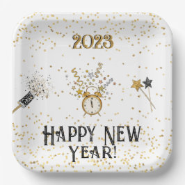 Happy New Year Clock Gold und Black Pappteller