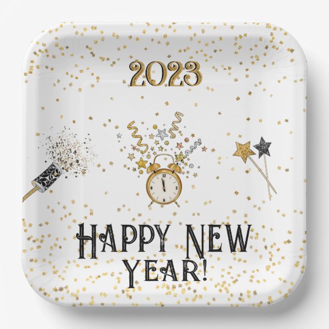 Happy New Year Clock Gold und Black Pappteller (Vorderseite)