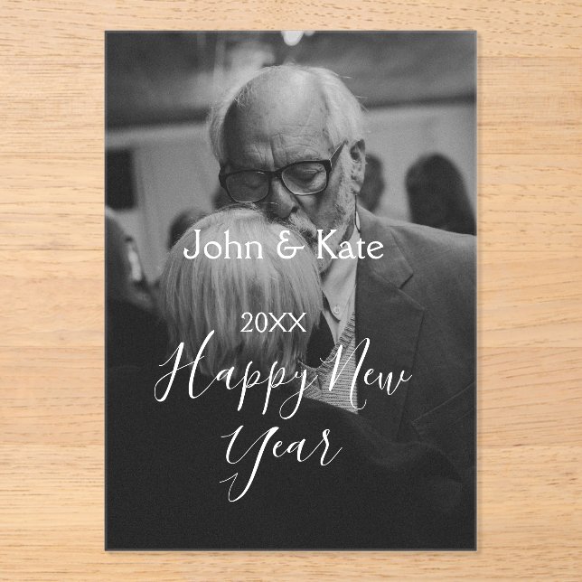 Happy new year couple photo name year black white  acryleinladungen (Vorderseite)