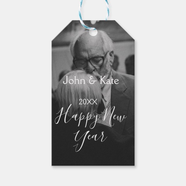 Happy new year couple photo name year black white  geschenkanhänger (Vorderseite)