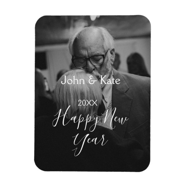 Happy new year couple photo name year black white  magnet (Vertikal)