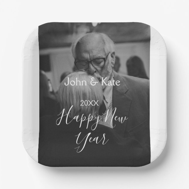 Happy new year couple photo name year black white  pappteller (Vorderseite)