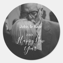 Happy new year couple photo name year black white  runder aufkleber