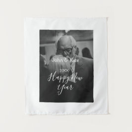 Happy new year couple photo name year black white  wandteppich