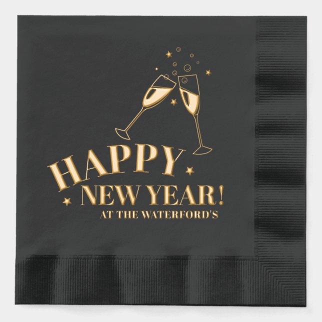 Happy New Year Custom Event Champagner Stars Servietten Mit Folie (Vorderseite)