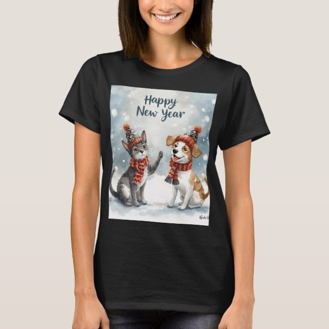 Happy New Year – Cute Animals in Festive Hats & Sc T-Shirt (Vorderseite)