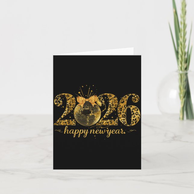 Happy New Year Cute Gold Disco Ball Bow New Year's Karte (Vorderseite)