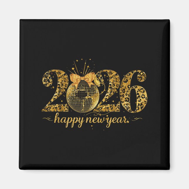 Happy New Year Cute Gold Disco Ball Bow New Year's Magnet (Vorne)