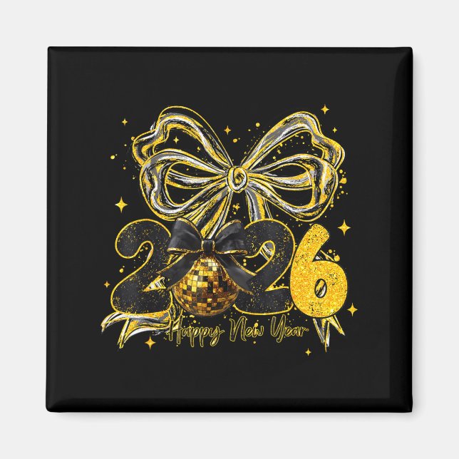 Happy New Year Cute Gold Disco Ball Bow New Year's Magnet (Vorne)