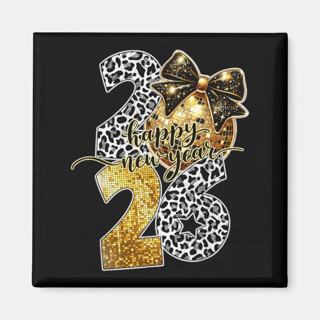 Happy New Year Cute Gold Disco Ball Bow New Year's Magnet (Vorne)