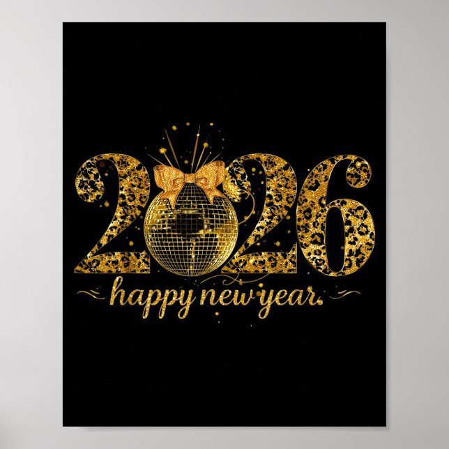 Happy New Year Cute Gold Disco Ball Bow New Year's Poster (Vorne)