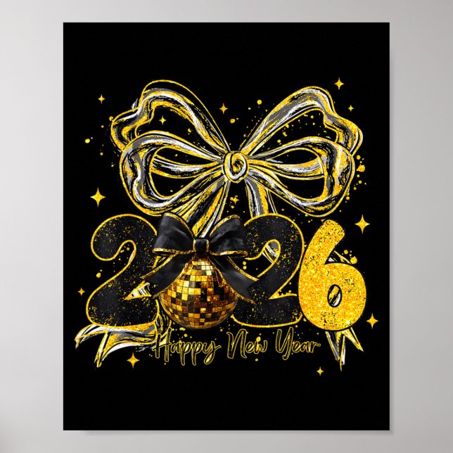 Happy New Year Cute Gold Disco Ball Bow New Year's Poster (Vorne)