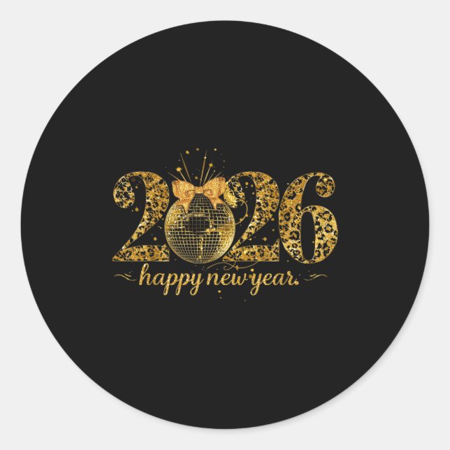 Happy New Year Cute Gold Disco Ball Bow New Year's Runder Aufkleber (Vorderseite)