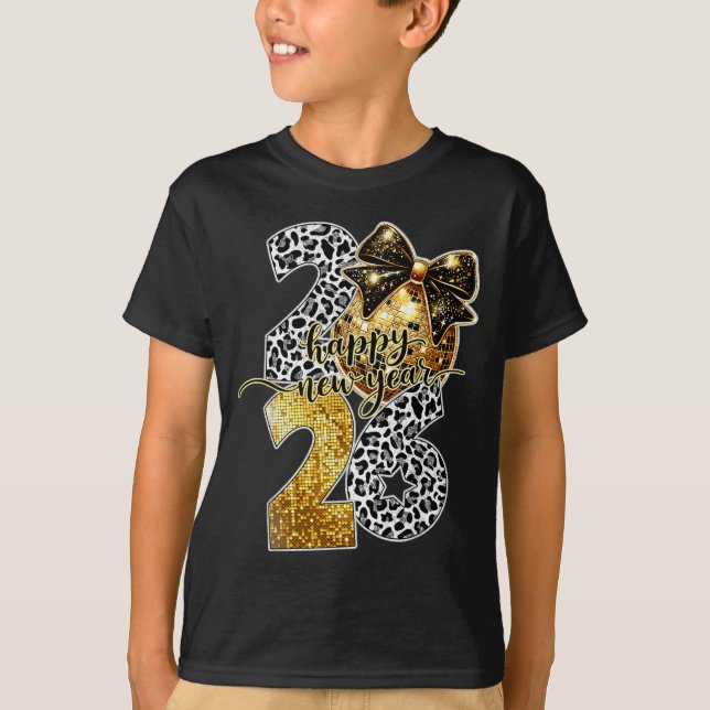 Happy New Year Cute Gold Disco Ball Bow New Year's T-Shirt (Vorderseite)