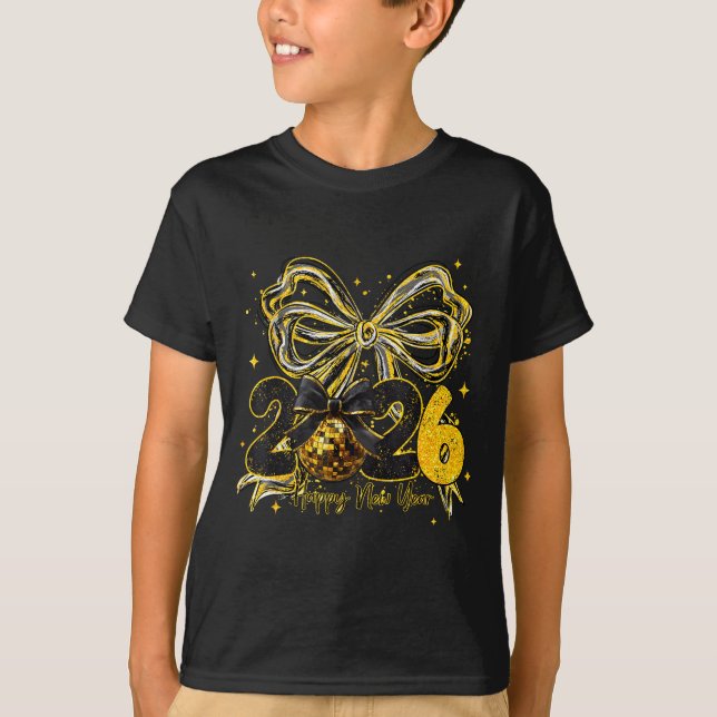 Happy New Year Cute Gold Disco Ball Bow New Year's T-Shirt (Vorderseite)