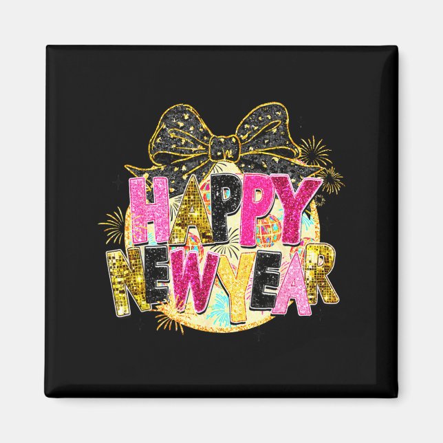 Happy New Year Disco Ball Coquette Bow New Years E Magnet (Vorne)
