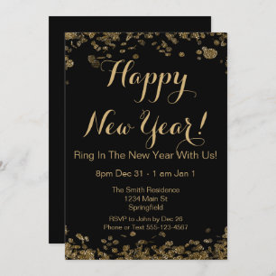 Happy New Year Elegante Black and Gold Confetti Einladung