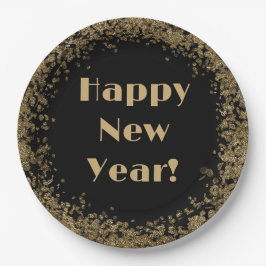 Happy New Year Elegante Gold Glitzer und Black Pappteller