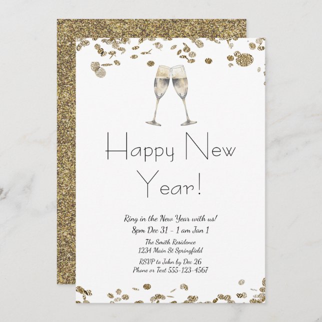 Happy New Year Elegante Gold Glitzer und White Einladung (Vorne/Hinten)