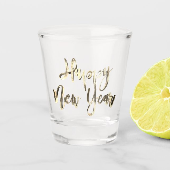 Happy New Year Elegante Gold Look Script Chic Schnapsglas (Vorderseite)