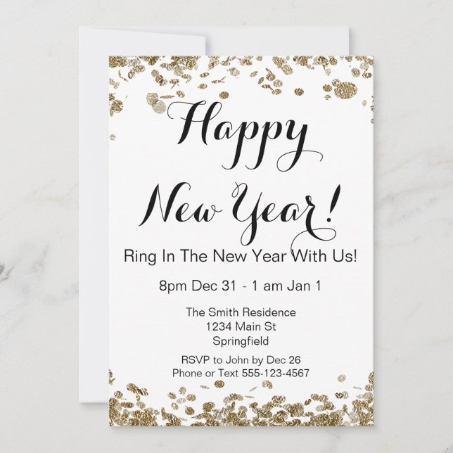 Happy New Year Elegante Gold und White Confetti Einladung (Vorderseite)