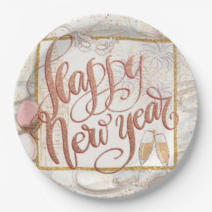 Happy New Year Elegante Rose Gold Script Pappteller