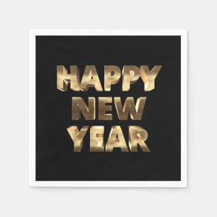 Happy New Year Elegante Schwarz und Gold Serviette