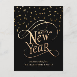 Happy New Year Elegante Script Black Gold Feiertagspostkarte