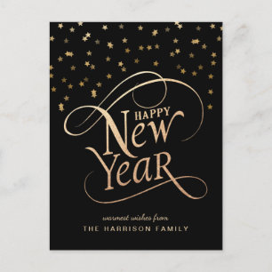 Happy New Year Elegante Script Black Gold Feiertagspostkarte