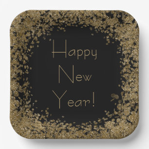 Happy New Year Eleganter Black and Gold Glitzer Pappteller
