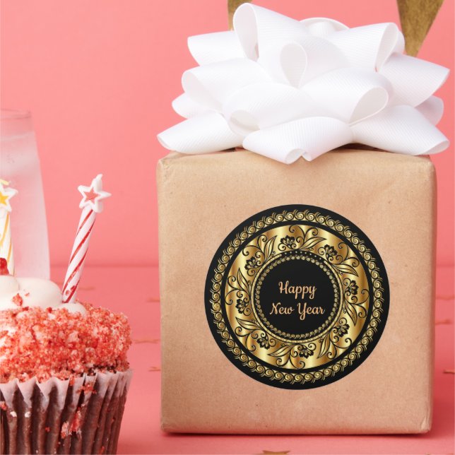 Happy New Year, elegantes Schwarz und Gold, Runder Aufkleber (Party)