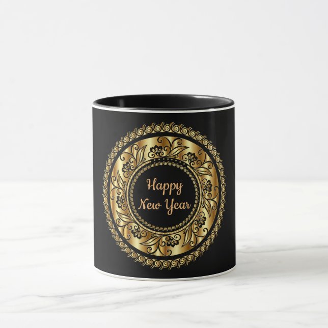 Happy New Year, elegantes Schwarz und Gold, Tasse (Zentrum)