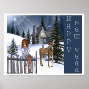 Happy New Year - Fairy & Deer Print Poster