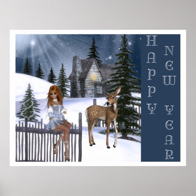 Happy New Year - Fairy & Deer Print Poster (Vorne)