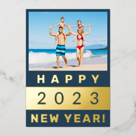 Happy New Year Family Foto in Blue und Gold Folien Feiertagskarte