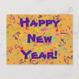 Happy New Year farbenfrohe Confetti Orange Hinterg Postkarte