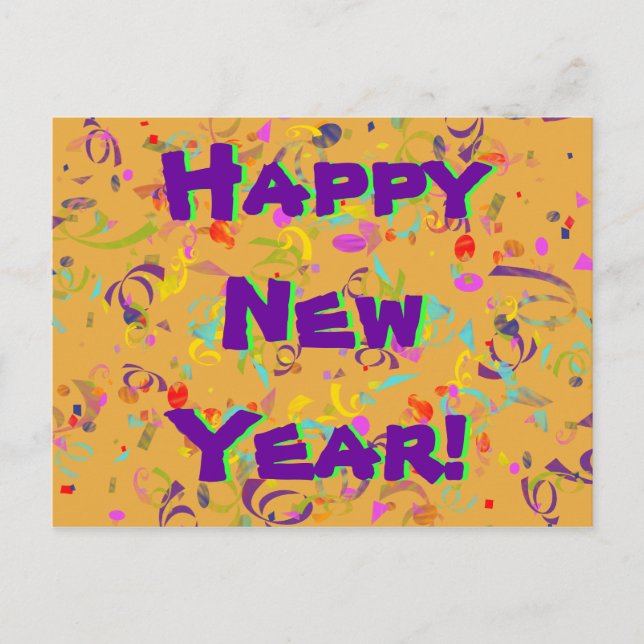 Happy New Year farbenfrohe Confetti Orange Hinterg Postkarte (Vorderseite)