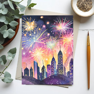 Happy New Year   Feuerwerk Stadtnacht Wasser Postkarte