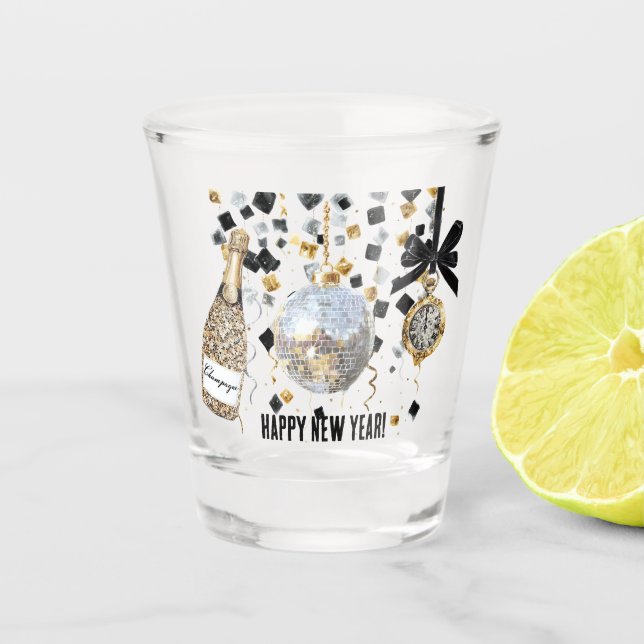 Happy New Year Fireworks Ball Black Gold Confetti Schnapsglas (Vorderseite)