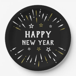 Happy New Year Fireworks Schwarz-weiß Gold Stars Pappteller