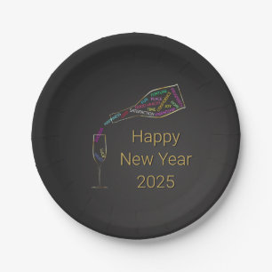 Happy New Year Flasche Glas farbenfrohe Motivation Pappteller