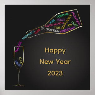 Happy New Year Flasche Glas farbenfrohe Motivation Poster