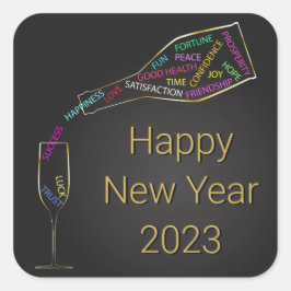 Happy New Year Flasche Glas farbenfrohe Motivation Quadratischer Aufkleber