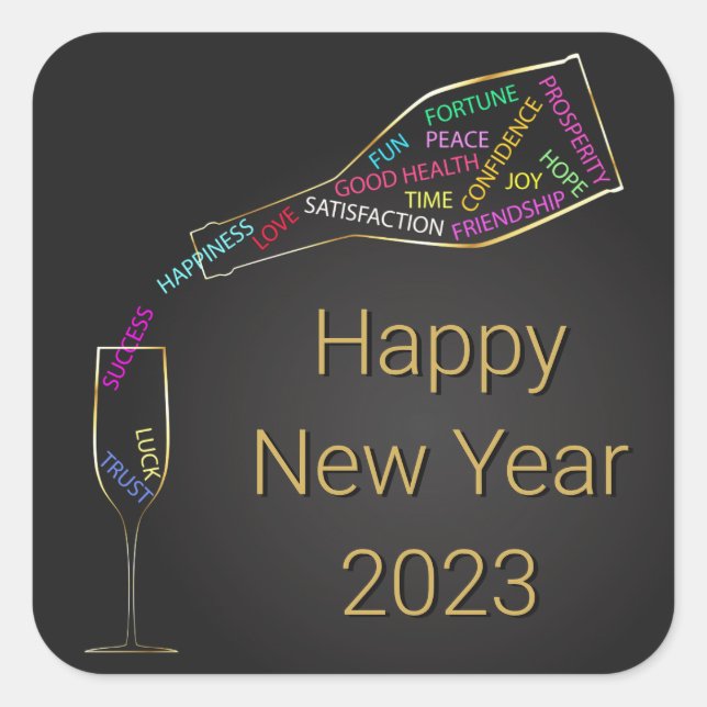 Happy New Year Flasche Glas farbenfrohe Motivation Quadratischer Aufkleber (Vorderseite)