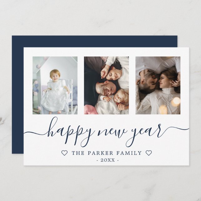 Happy New Year Foto Collage Blue Card Ankündigung (Vorne/Hinten)